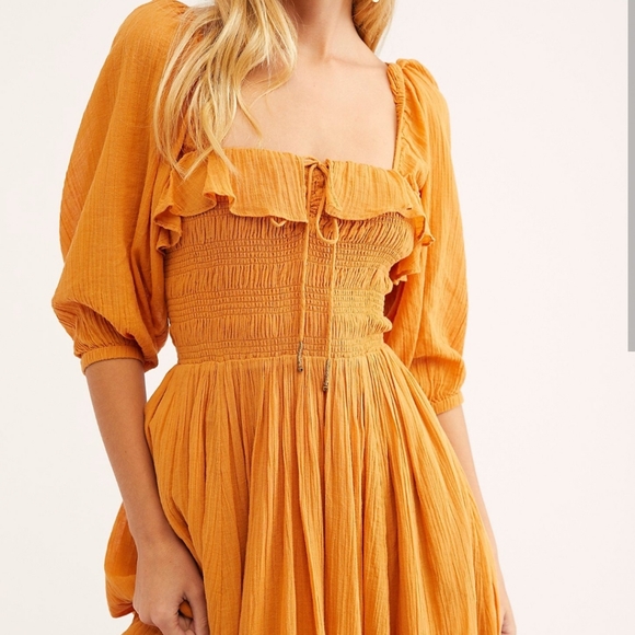 Free People Orange Oasis Smocked Ruffle Cotton Boho A-line Midi Dress XS - Picture 2 of 10